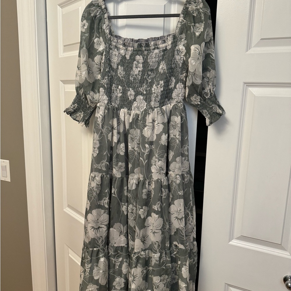 Baltic Born “Fabian Jacquard Midi Dress” in the color dusty sage